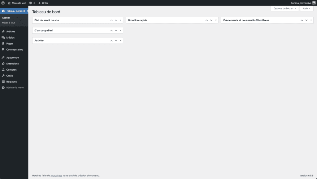 Tableau de bord WordPress